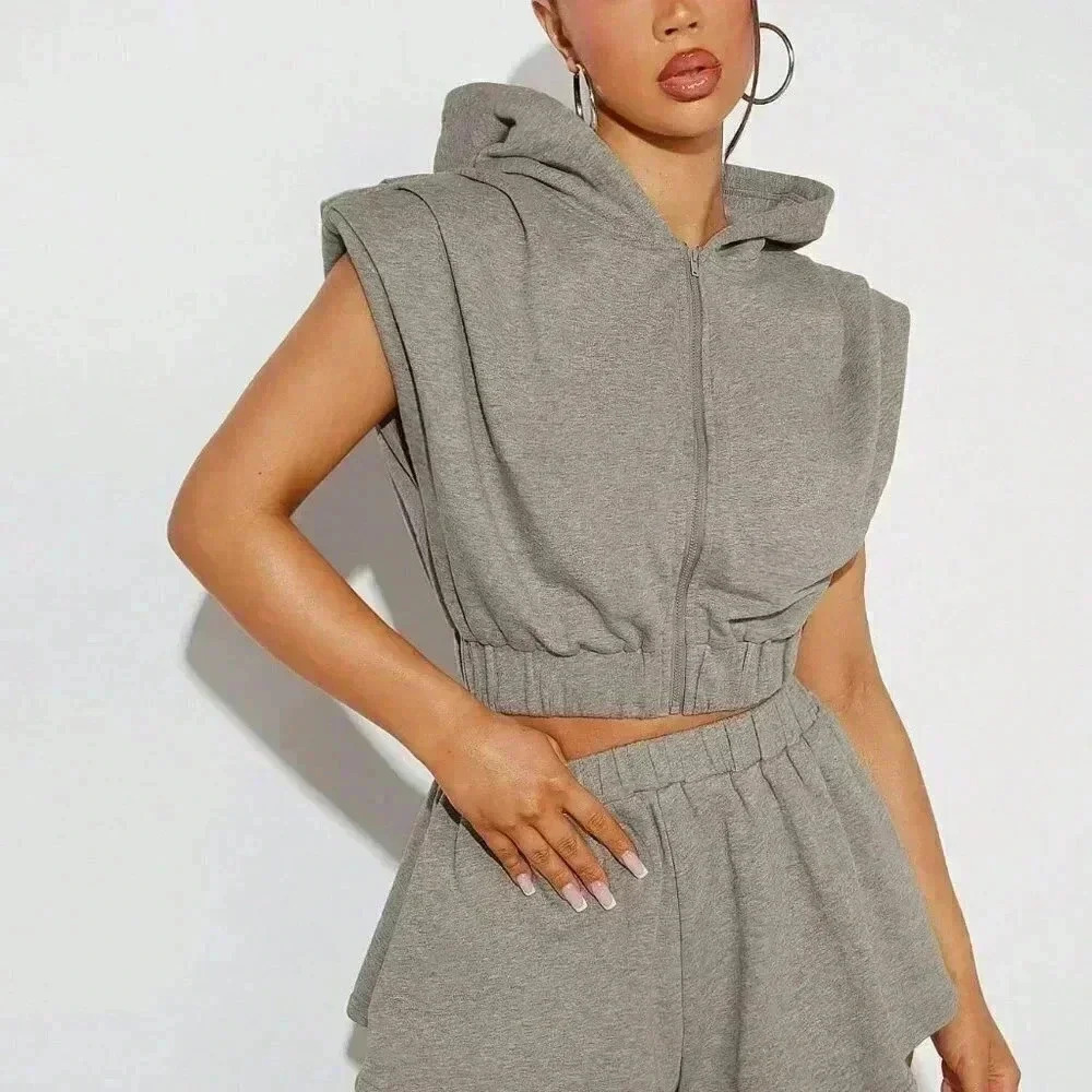 Light Grey Casual Womens Zip Sleeveless Hoodie & Shorts Set
